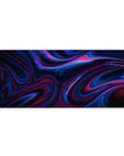 Mouse pad featuring neon-infused abstract design, 36x16 inches, with waves of vivid blues and magentas creating a dynamic and sleek aesthetic.