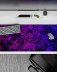 Striking 36x16 desk pad highlights deep purple and electric pink contrast for a sense of movement and flair