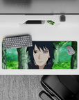 32x12 inches anime mouse pad in soft forest greens with cool violet Rinnegan glow, calm dark mood.