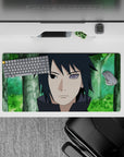 32x16 inches anime mouse pad with soft forest greens, dark tones, and a vivid violet Rinnegan glow.