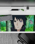 36x16 inches anime desk pad in soft forest greens with a calm, dangerous vibe and a violet eye pop.