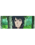 32x12 inches anime mouse pad with Sasuke Uchiha portrait, crisp linework, smooth print, Rinnegan detail.