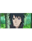 36x16 inches anime desk pad featuring Sasuke Uchiha with sharp linework and vivid Rinnegan eye.