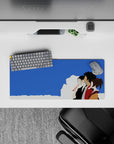 Samurai Champloo mouse pad 28x12 inches featuring Mugen, Jin, and Fuu under blue skies with minimalistic design.