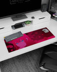 Small but impactful 32x12 mouse pad showcases cyberpunk vibes with striking blue-and-magenta contrasts and anime-inspired design
