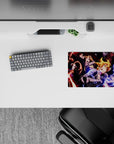 Classic anime mouse pad, 14x10 inches, with red shadows, blue lightning, and intense battle energy.