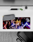 Anime mouse pad 28x12 inches with red shadows, blue lightning, and an intense battle-ready mood.