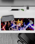 Anime mouse pad 32x12 inches with red shadows, blue lightning, and intense Fullmetal Alchemist energy.
