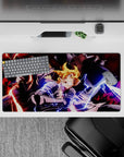 Anime mouse pad 32x16 inches with red shadows, blue lightning, and intense battle-ready energy.