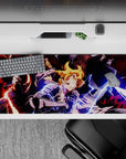 36x16 inches anime desk pad with red shadows, blue lightning, and intense Fullmetal Alchemist energy.