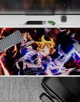 Anime desk pad 40x20 inches with red shadows, blue lightning, and intense battle-ready Fullmetal energy.