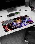 Edward, Alphonse, and Roy anime scene mouse pad, 32x16 inches, with armor, flames, and grit.