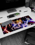Edward and Alphonse with Roy on a 36x16 inches anime desk pad, featuring armor, flames, and action.