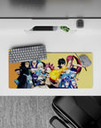 Warm gold background anime mouse pad with bold reds, blues and steel tones, 28x12 inches.