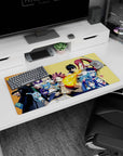 Natsu flame punch front and center anime mouse pad 32x16 inches with Lucy and Erza in fierce poses.