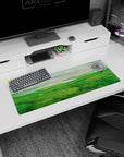 Artistic 32x12 inches mouse pad featuring rolling green hills and shimmering waters for a serene and tranquil design.