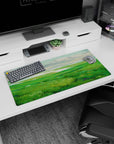 Modern 32x16 inches mouse pad with rolling green hills and shimmering waters, offering a peaceful, creative environment.