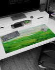 Artistic 36x16 inches mouse pad featuring rolling green hills and shimmering waters, perfect for quiet reflection and creativity.