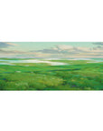 Mouse pad featuring rolling green hills, 36x16 inches, with shimmering waters for a serene, nature-inspired design.