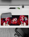 Rias Gremory anime mouse pad, 32x12 inches, featuring bold magenta tones, violet horns, and a red sigil backdrop from High School DxD.