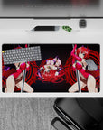 Rias Gremory mouse pad, 32x16 inches, from High School DxD, vibrant magenta with horns, latex, sigil backdrop, and blue eyes.