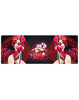 Rias Gremory from High School DxD on 32x12 inch mouse pad, magenta and violet hues with red sigil backdrop, mischievous style.