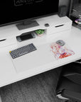 Shy teasing horned anime shrine maiden on mouse pad 28x12 inches, white kimono sleeves and red ties.
