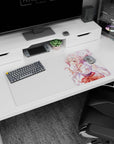 Shy teasing horned anime shrine maiden with coral-red ties on mouse pad 32x16 inches, looking back at you.