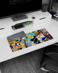 My Hero Academia mouse pad, 28x12 inches, featuring Dio, Kira, Diavolo, and JoJo's villains, bringing their tension and power to your workspace.
