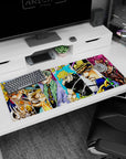Artistic 36x16 inches desk pad with Dio, Kira, Diavolo, and JoJo's villains, exuding tension and power through vivid colors and fierce expressions.