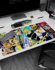 Large 40x20 inches desk pad featuring Dio, Kira, Diavolo, and iconic JoJo villains, embodying their power and tension with bold colors and fierce expressions.