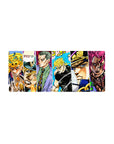 Mouse pad featuring Dio, Kira, Diavolo, and JoJo villains, 28x12 inches, capturing their power and tension in vivid colors and fierce expressions.