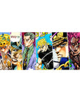 Desk pad featuring Dio, Kira, Diavolo, and other JoJo villains, 36x16 inches, with intense colors and expressions reflecting their power and presence.