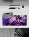 28x12 inches anime girl mouse pad in violet haze with starry glow, purple nebula vibes, dramatic cute tone.