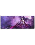 Anime girl mouse pad 32x12 inches with Kurumi Tokisaki, nebula backdrop, magenta armor, oversized weapon.