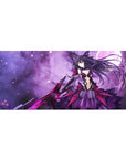 36x16 inches anime girl desk pad with Kurumi Tokisaki, purple nebula backdrop, magenta armor, weapon pose.