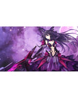 Anime girl desk pad 40x20 inches with Kurumi Tokisaki, nebula backdrop, magenta armor, oversized weapon.