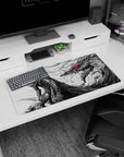 Modern 32x16 inches mouse pad with Guts in his Berserker Armor and the red-eyed Beast of Darkness, ideal for fans seeking intensity and fierce energy for their desk.