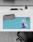 Anime mouse pad featuring Aqua from KonoSuba in a minimalist design, size 28x12 inches, with vibrant blue outfit.