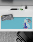 Aqua from KonoSuba anime mouse pad, size 32x12 inches, features minimalist design with bold colors and iconic blue outfit.