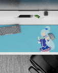 KonoSuba Aqua anime desk pad 36x16 inches, featuring minimalist design with Aqua's silhouette in blue against a sky background.