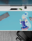 KonoSuba desk pad 40x20 inches featuring Aqua in blue outfit on a soft sky background; minimal, modern, and vibrant.