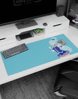 KonoSuba desk pad 36x16 inches featuring Aqua in blue outfit with minimalist design and clean sky background.