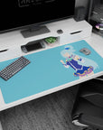 Anime desk pad 40x20 inches featuring Aqua from KonoSuba; minimalist blue design with a sky background and bold colors.
