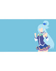 Anime desk pad featuring Aqua from KonoSuba, 40x20 inches, minimalist design with bold colors and iconic blue outfit.