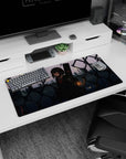 Red-eyed anime schoolgirl scene mouse pad 32x16 inches, quiet city dusk skyline behind a fence.