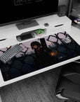 40x20 inches anime girl desk pad showing a red-eyed schoolgirl by a fence at twilight, city skyline behind.