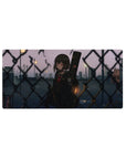 Anime girl mouse pad 32x16 inches, red-eyed schoolgirl with guitar case by chain-link fence at dusk.