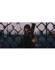 36x16 inches anime girl desk pad with red-eyed schoolgirl and guitar case by chain-link fence at dusk.