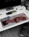 Artistic 36x16 inches mouse pad featuring Zero Two design, with bold reds and deep contrasts for an intense, vibrant workspace vibe.